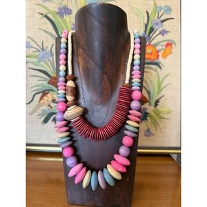 Vintage Natural Wood Statement Beaded Necklaces - Lot of 2
